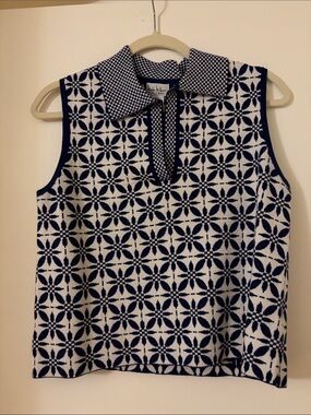 Sleeveless Knit Polo Tank in Navy and White